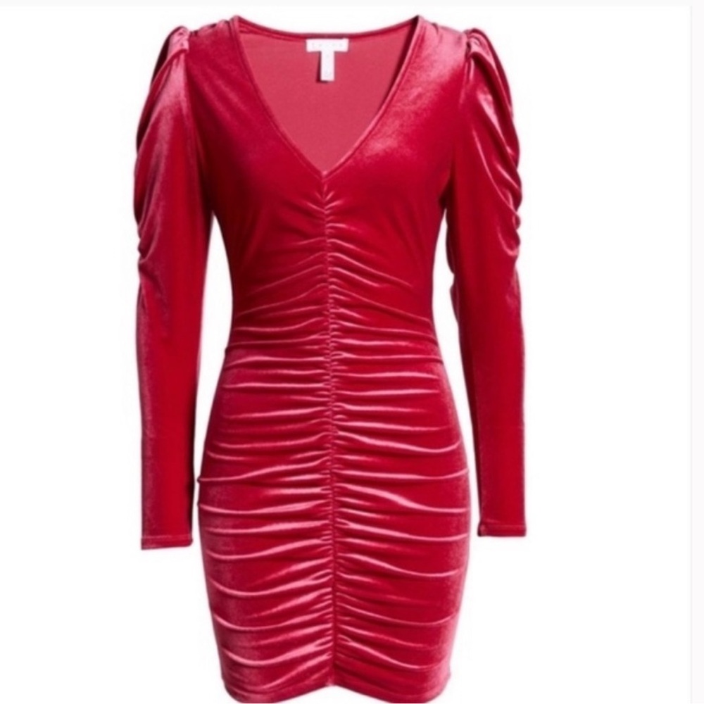 Leith Velvet Ruched Long Sleeve Mini Dress Fuschia Pink Size Medium